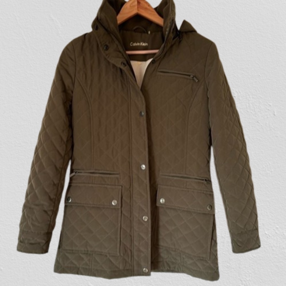 Calvin Klein Olive Quilted Fleece Lined Jacket Hood Zip / Snap Women's Small